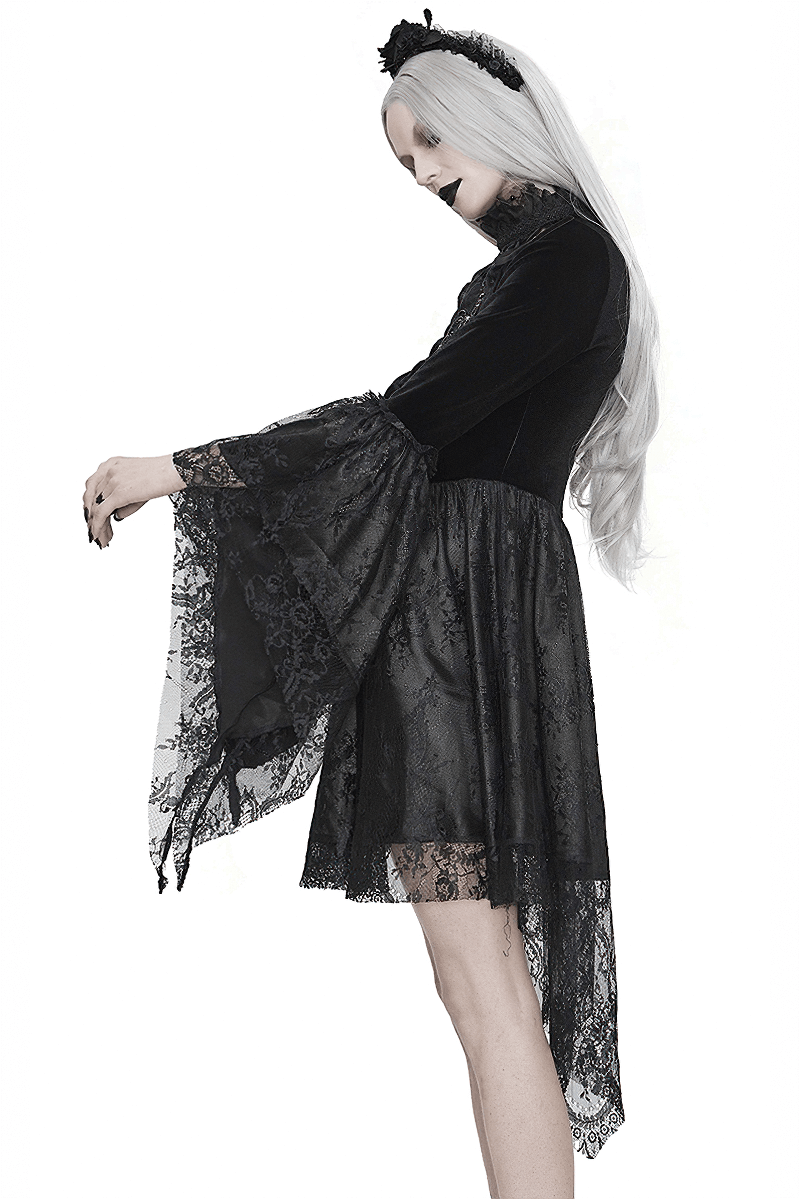 Model wearing a Gothic off-shoulder velvet dress with trumpet sleeves and lace details in elegant black.