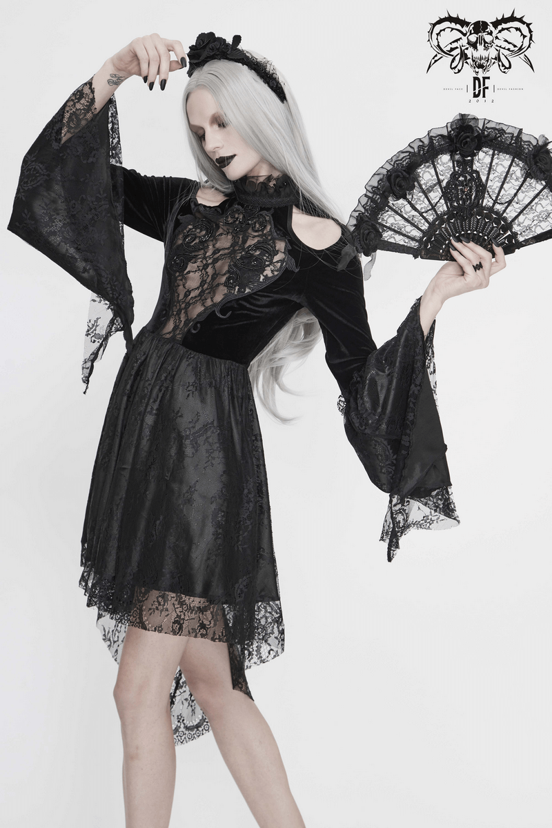 Gothic Women's Off-Shoulder Velvet Dress With Trumpet Sleeves / Ladies Dress with Transparent Lace Bust - HARD'N'HEAVY