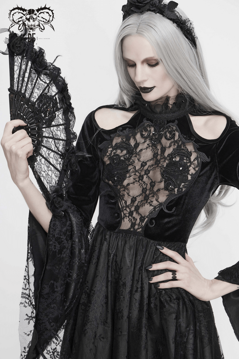 Gothic Women's Off-Shoulder Velvet Dress With Trumpet Sleeves / Ladies Dress with Transparent Lace Bust - HARD'N'HEAVY