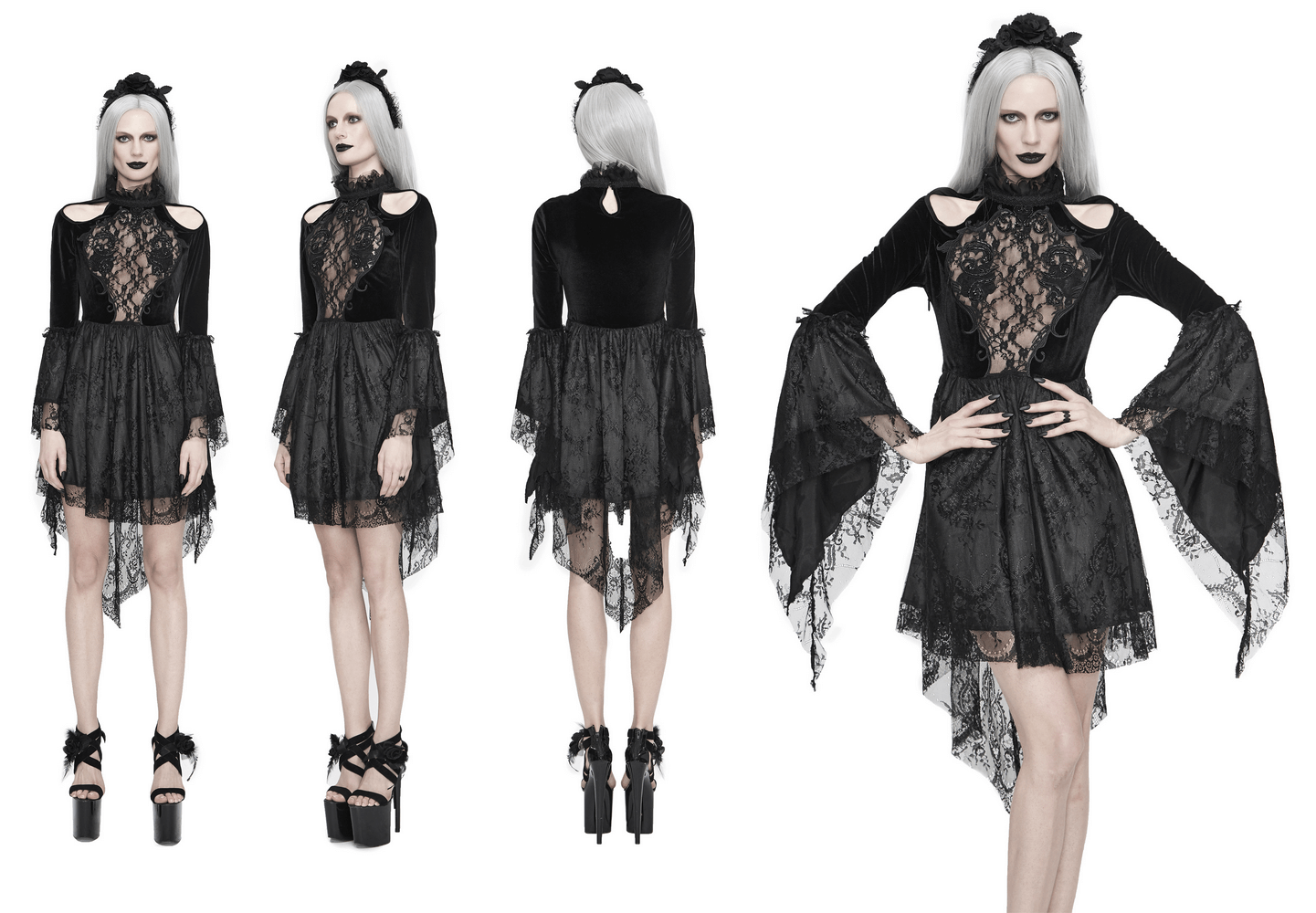 Elegant Gothic women's off-shoulder velvet dress with trumpet sleeves and lace accents in black.