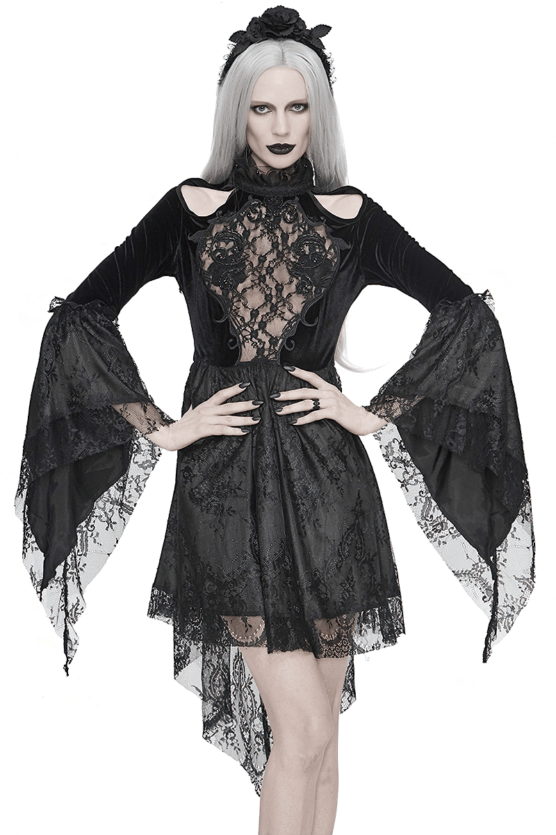 Gothic Women's Off-Shoulder Velvet Dress With Trumpet Sleeves / Ladies Dress with Transparent Lace Bust - HARD'N'HEAVY