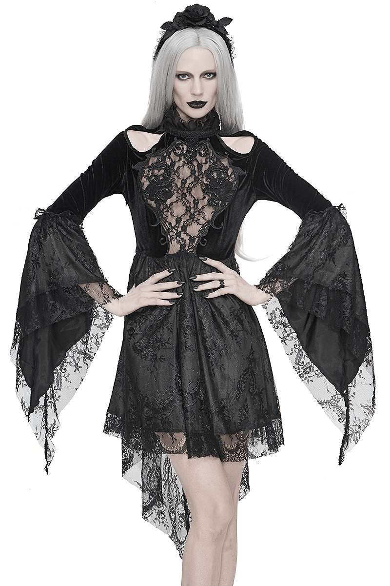 Gothic women's off-shoulder velvet dress with lace inserts and trumpet sleeves in black.