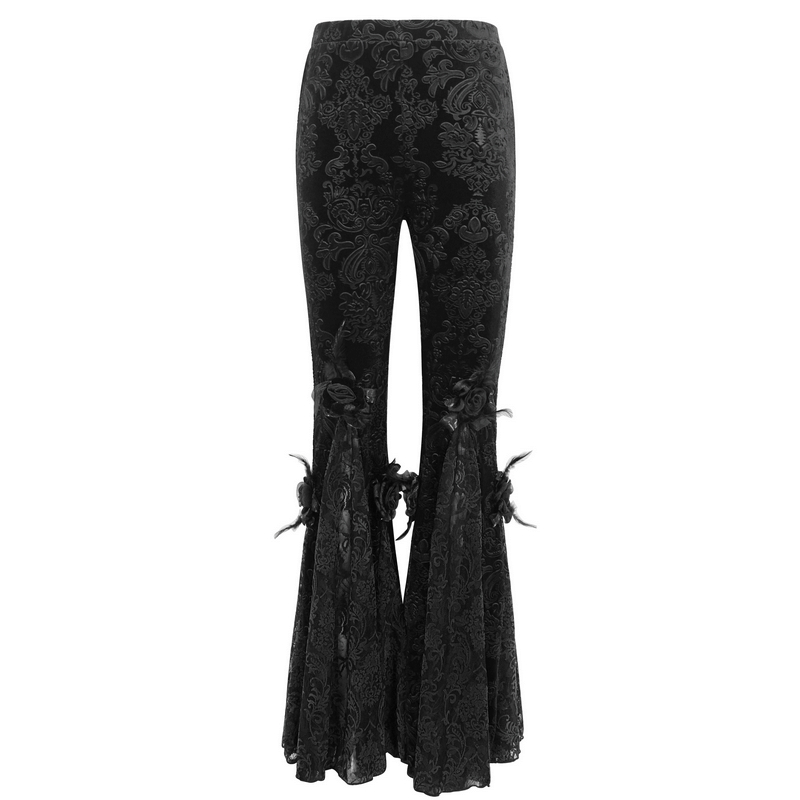 Gothic women's flared lace pants with flower decoration, showcasing elegant gothic flair and intricate patterns.