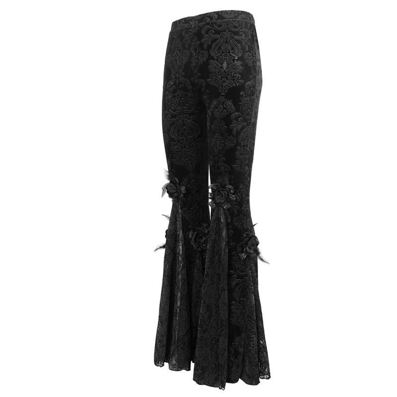 Gothic women's flared lace pants with flower decoration, showcasing an elegant black patterned design.