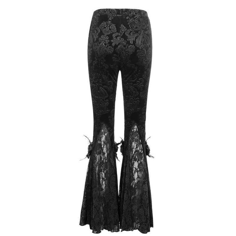 Gothic women's flared lace pants featuring intricate floral decoration and elegant silhouette, perfect for a chic gothic look.