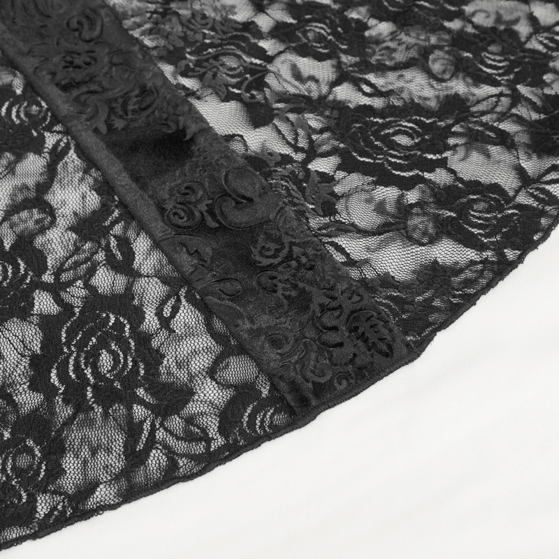 Close-up of elegant black lace fabric with intricate floral patterns, perfect for gothic-style clothing.