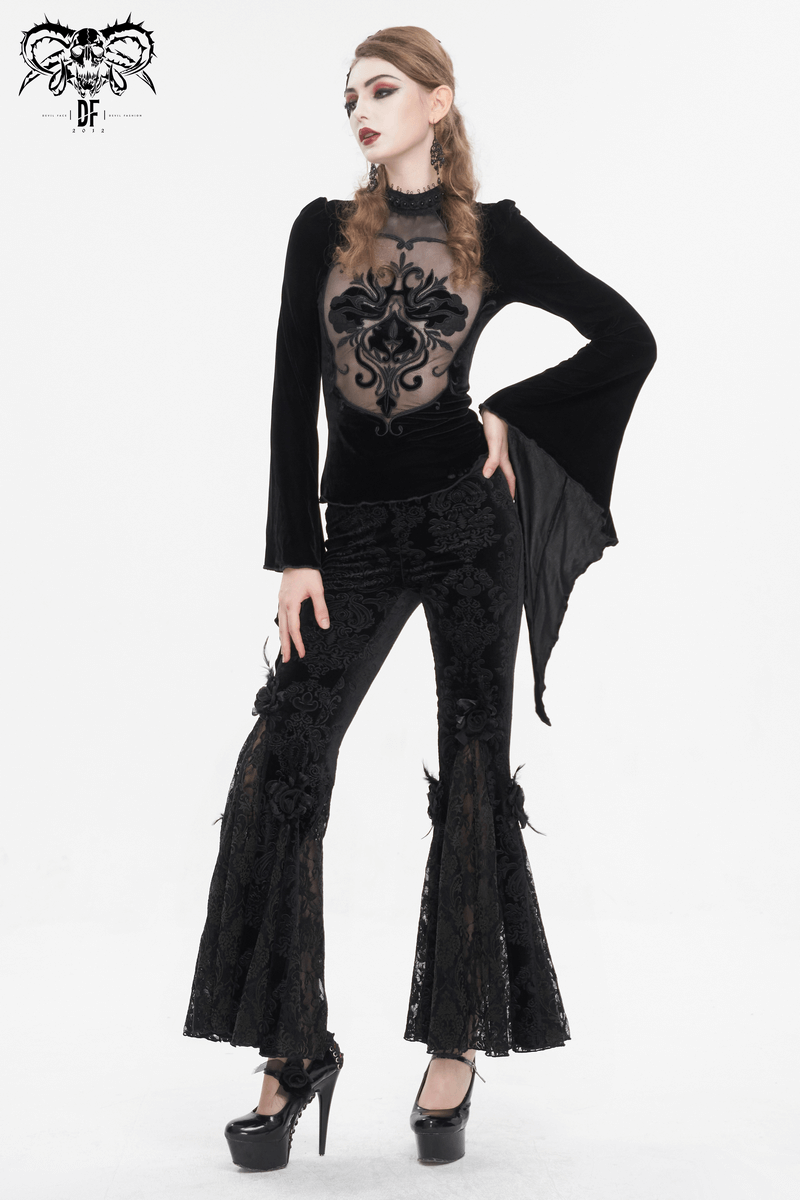 Gothic Women's Pattern Lace Flared Pants With Flower Decoration - HARD'N'HEAVY