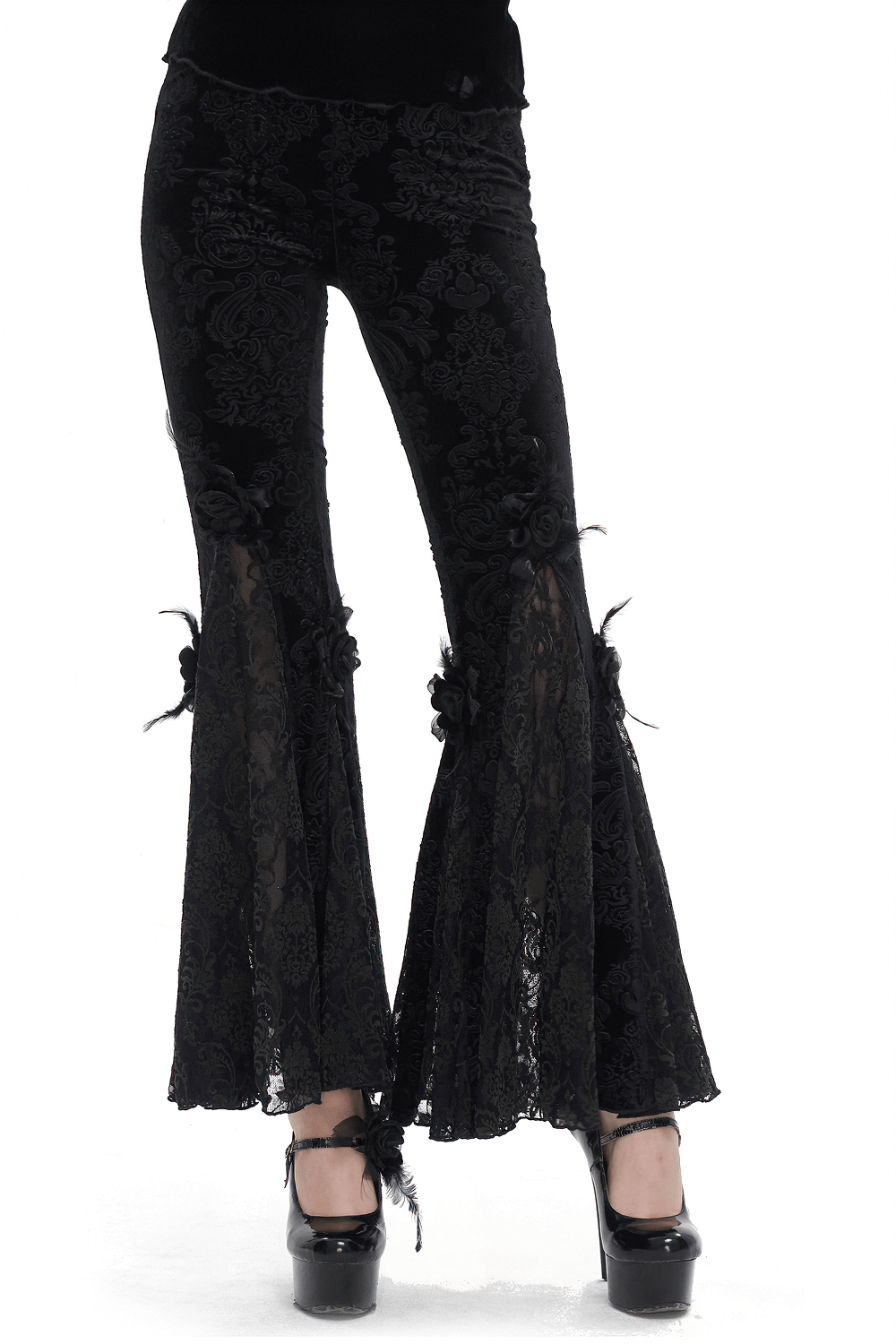 Gothic women's flared lace pants with flower decorations, perfect for elegant and edgy fashion styles.