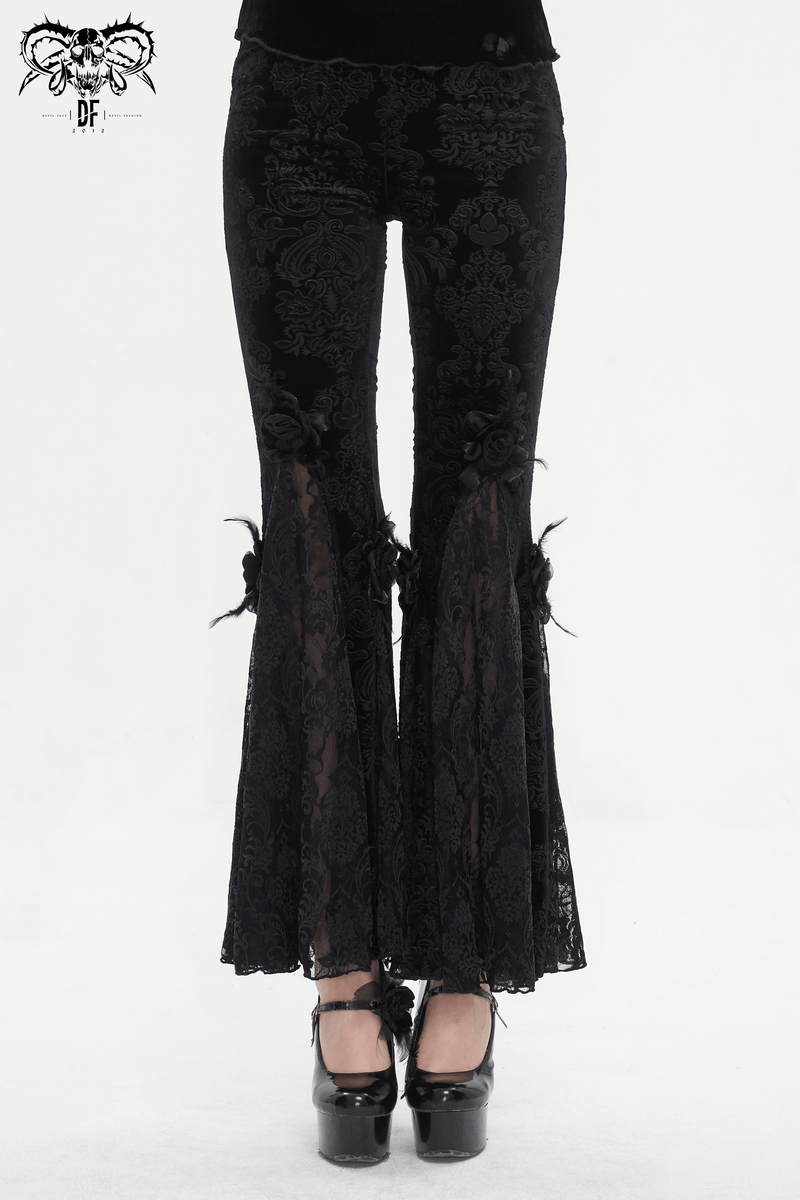 Gothic women's flared pants with lace pattern and flower embellishments, combining elegance and gothic style.