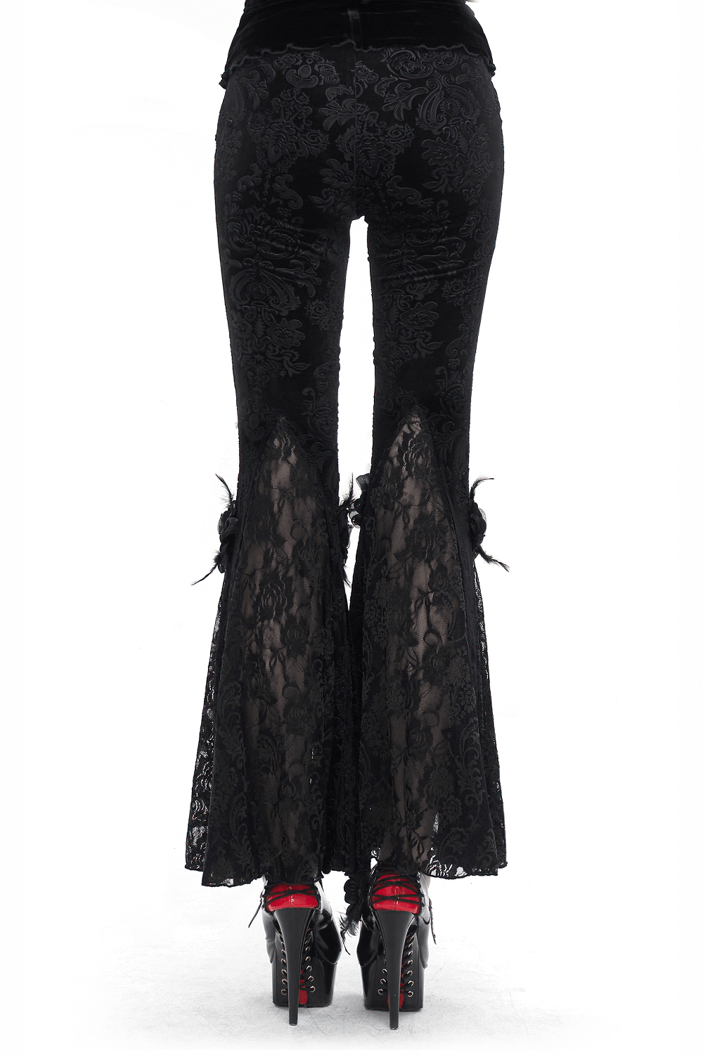 Gothic women's flared pants featuring lace pattern and flower decoration, perfect for an elegant, edgy look.