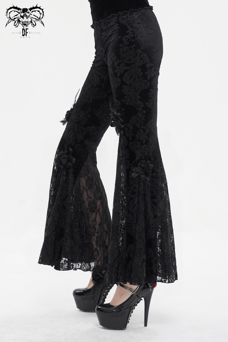 Elegant gothic women's flared pants with lace pattern and flower decorations, perfect for a stylish, gothic look.