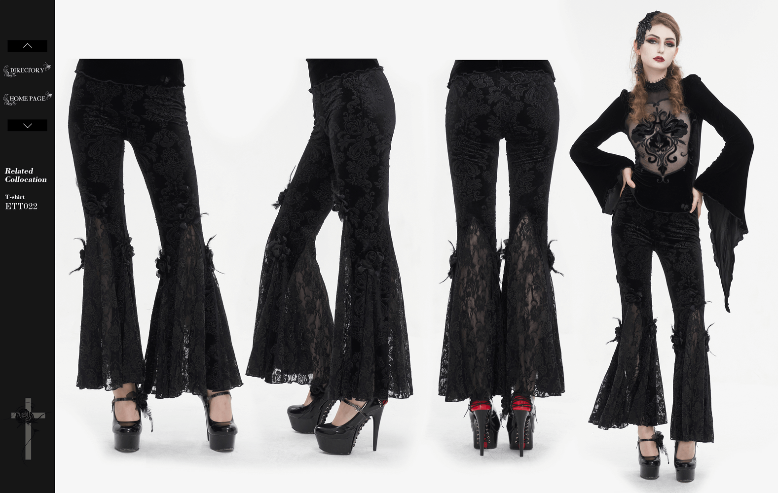 Gothic women's lace flared pants with flower decorations, showcasing elegance and gothic style.