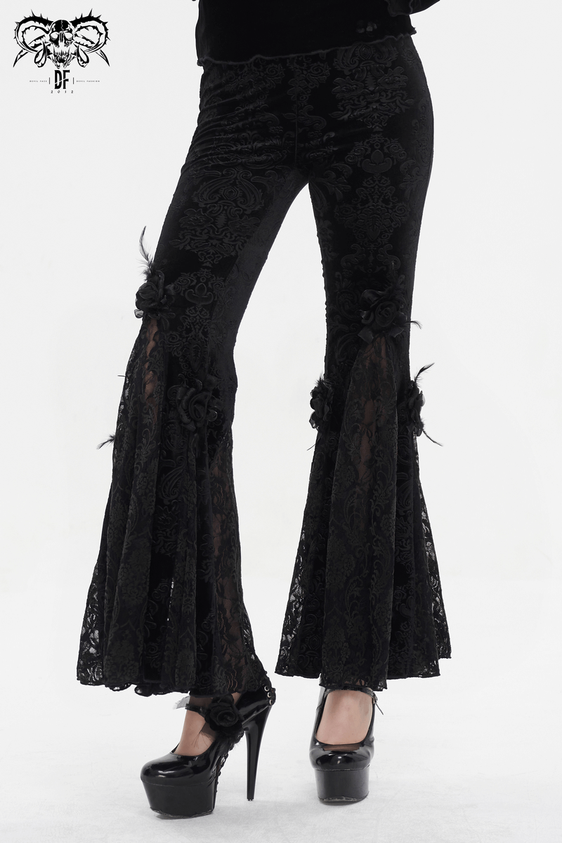 Gothic women's flared pants with lace pattern and flower details, perfect for elegant gothic fashion.