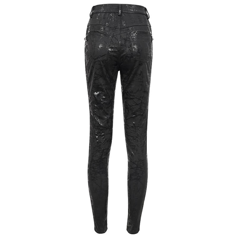 Back view of Gothic women's black slim-fitted pants with buckle accents and stylish design.