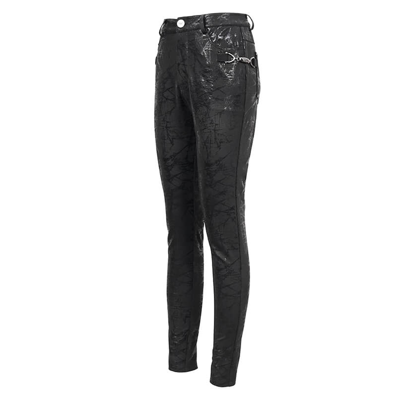 Gothic women's black slim-fit pants with buckle accents on the sides showcasing a stylish design and flattering cut.