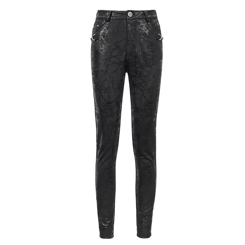 Gothic women's slim-fitted black pants with buckle accents and stylish pattern. Perfect for a trendy gothic look.