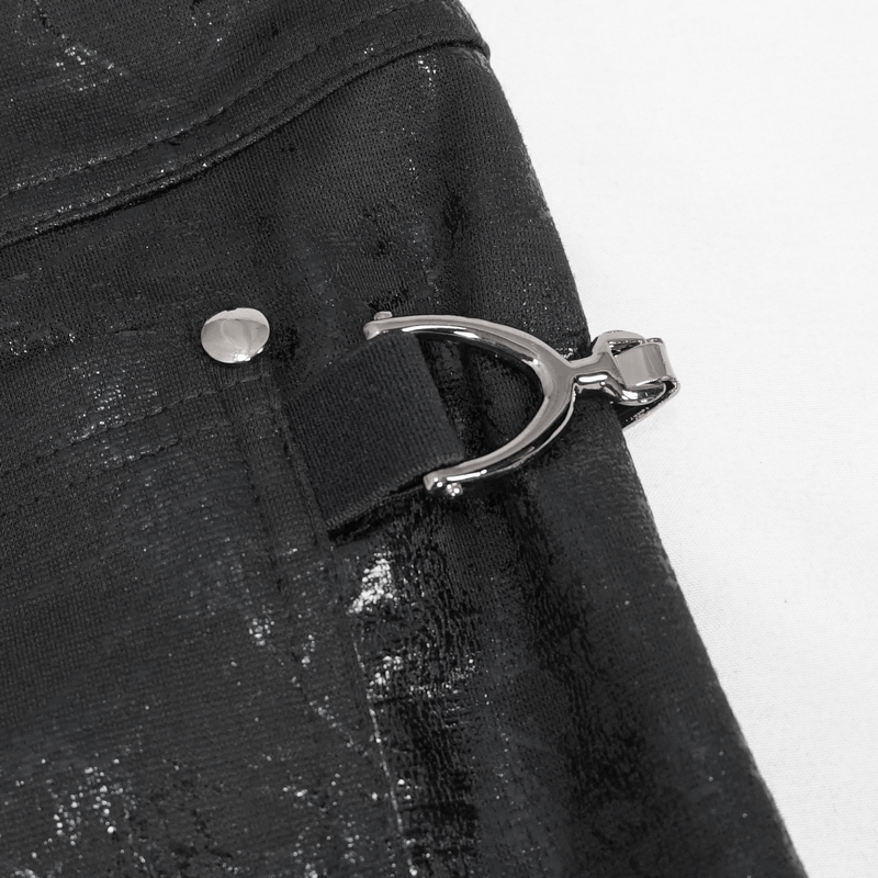 Close-up of gothic women's black slim-fitted pants showcasing stylish buckle accents on the side.