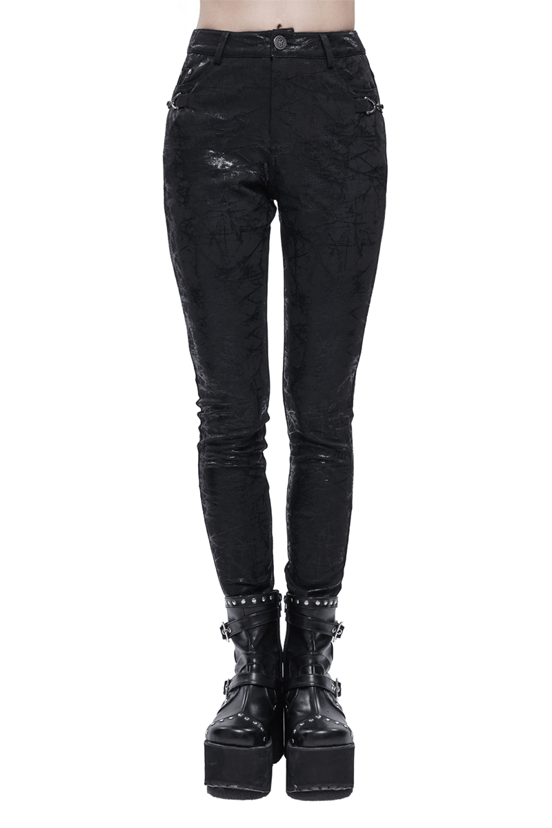 Gothic women's slim-fitted black pants with buckle accents, perfect for a stylish and edgy look, highlighting your figure.