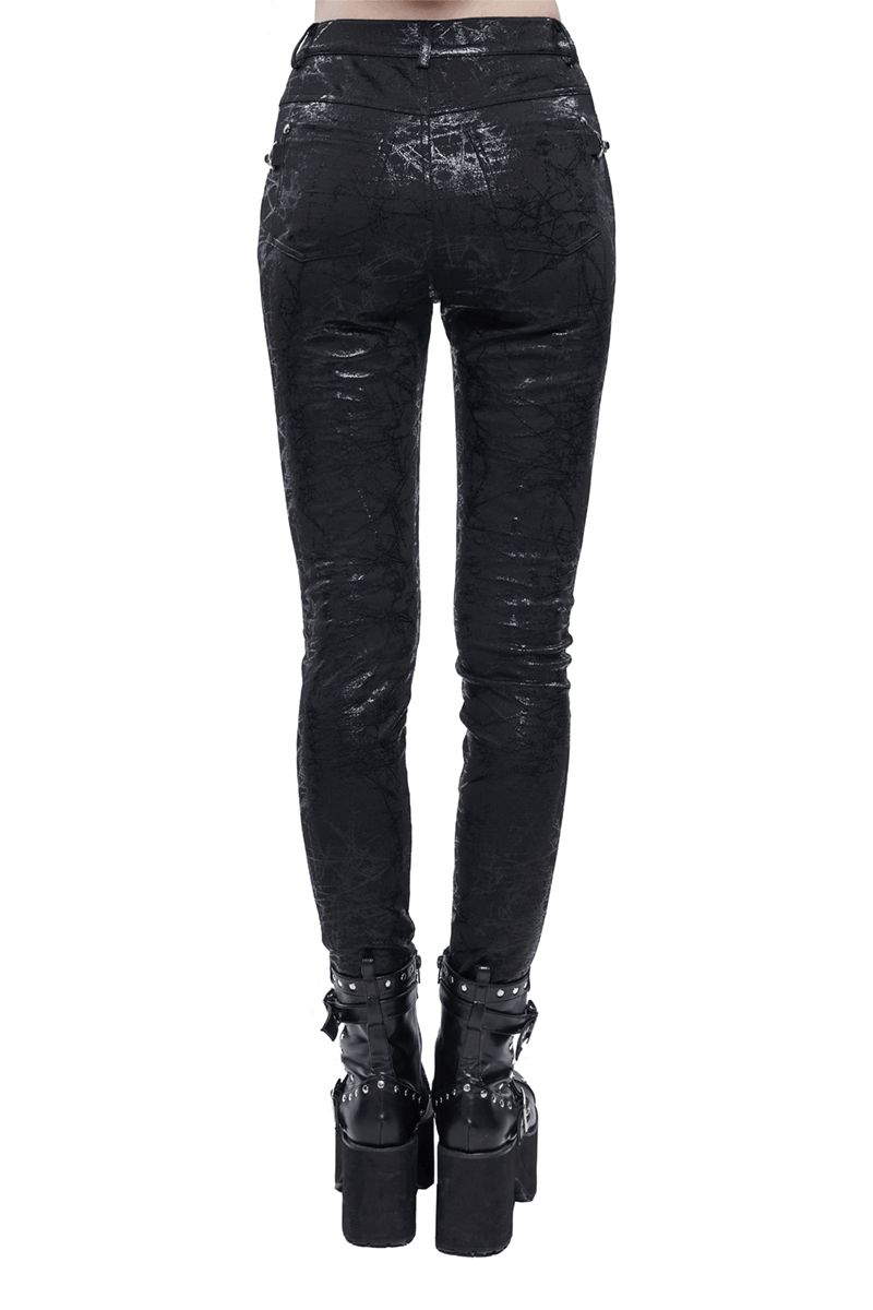 Back view of Gothic women's black slim-fit pants with buckle accents, showcasing their stylish design and figure-hugging cut.