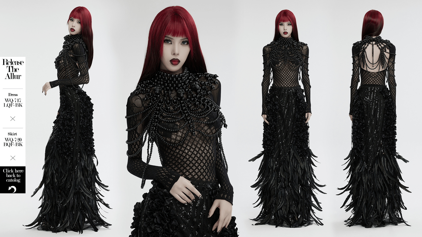 Elegant gothic fashion model in a detailed black dress with dramatic feathered train, exuding dark sophistication.