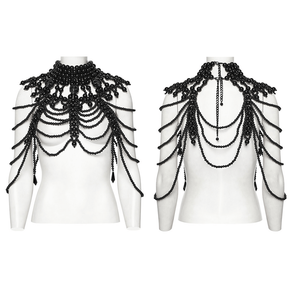 Gothic pearl body accessory with skull accent, featuring black beaded layers for women, front and back view. Elegant gothic fashion.