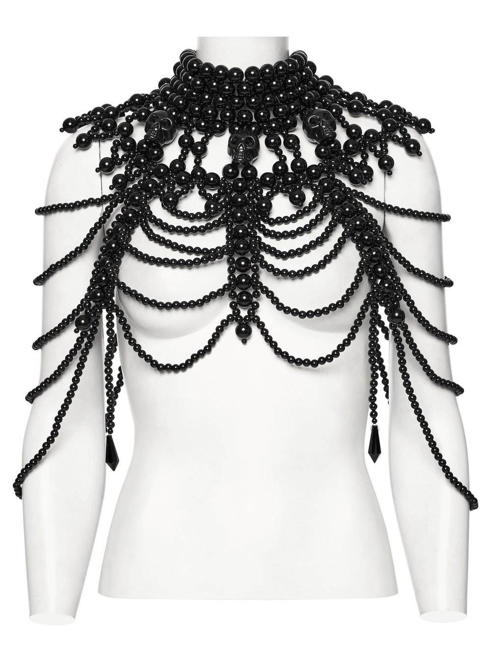 Gothic women's pearl body accessory with skull, featuring layered black beads and elegant draping design.