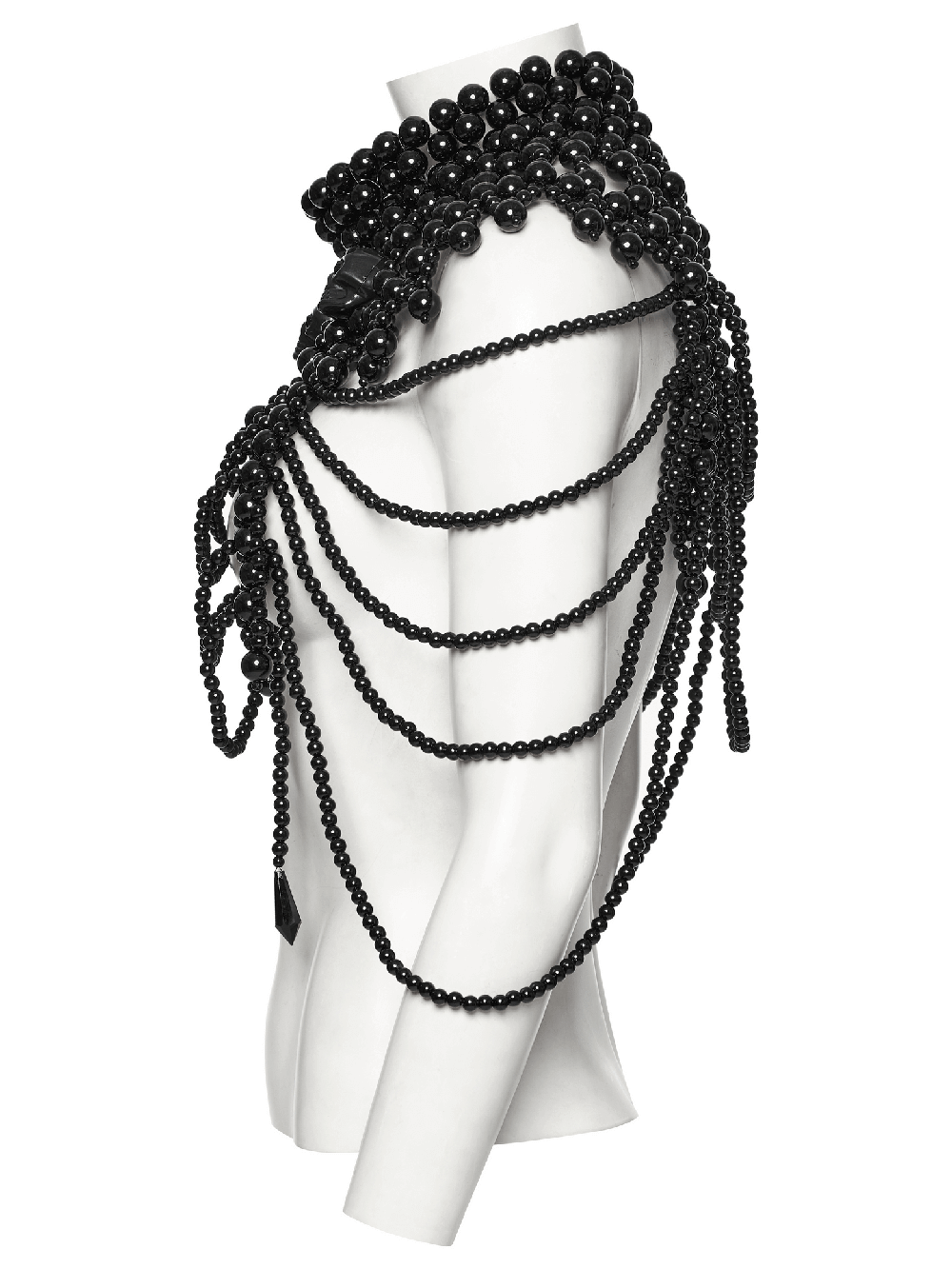 Elegant black beaded skull body accessory draping over a mannequin, showcasing gothic sophistication.