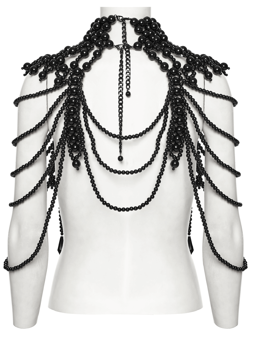 Elegant gothic black beaded body accessory showcasing layered strands on a mannequin.