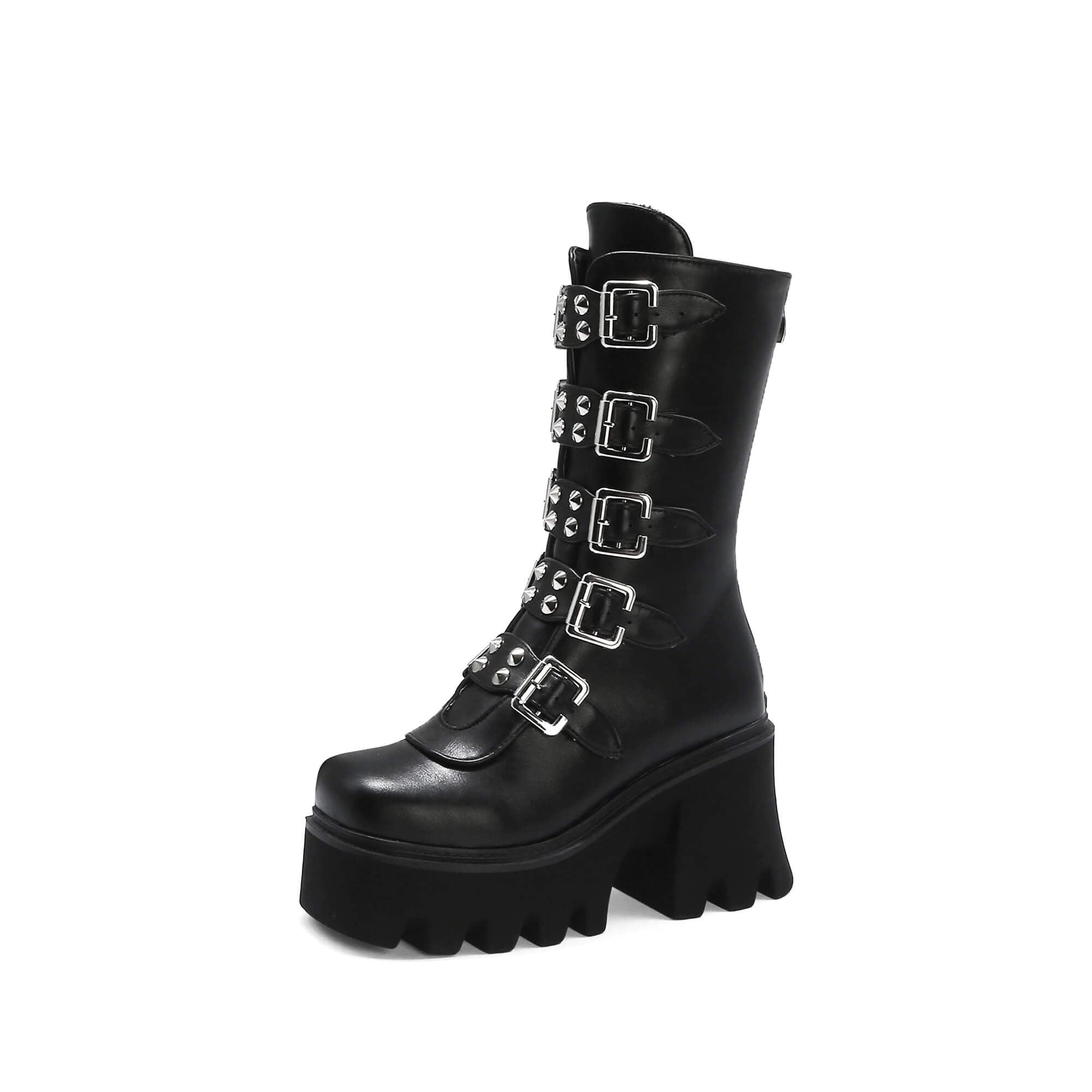 Gothic women's platform boots with buckle straps and zippers, featuring a high sole and studded design for a bold look.