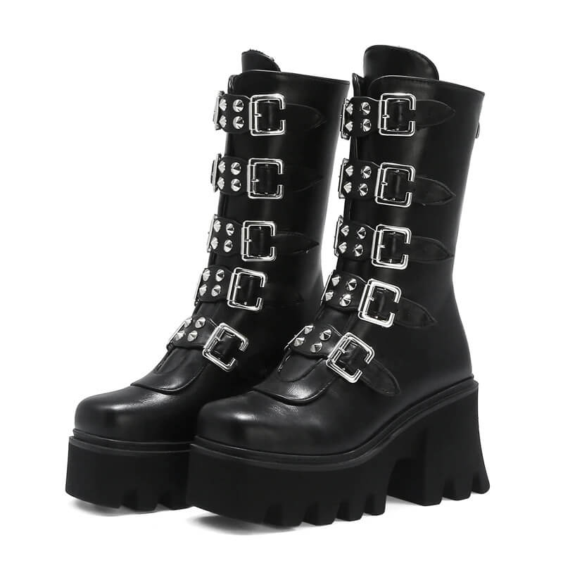 Gothic women's mid calf platform boots with buckles, zippers, and studs, perfect for rocker outfits.