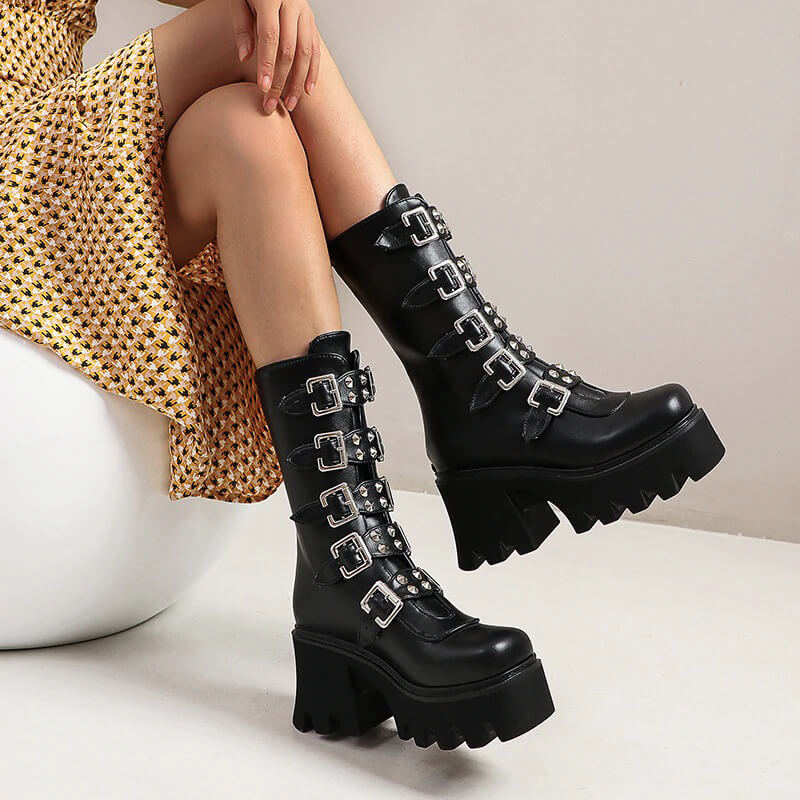 Gothic womens platform boots with buckle straps and zippers, perfect for rock outfits and military styles.