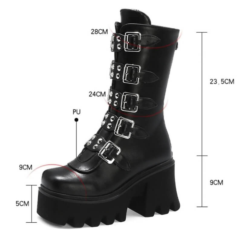 Gothic women's platform combat boots with buckles and zipper, featuring a high sole and studded design.