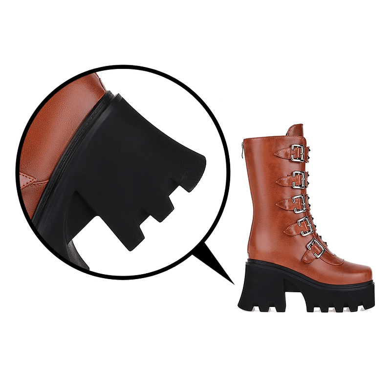 Gothic women's platform boots featuring a chunky sole, buckle straps, and zipper accents for a bold military style.