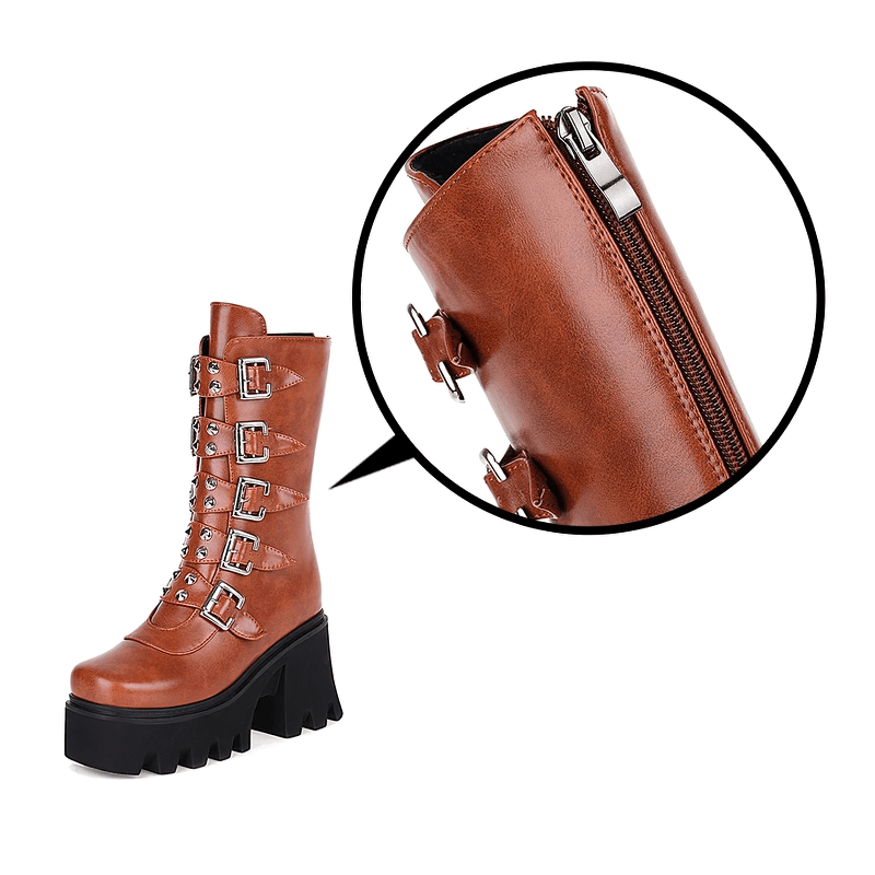 Gothic mid-calf platform boots in brown with buckle straps and zippers, perfect for rock outfits and military style.