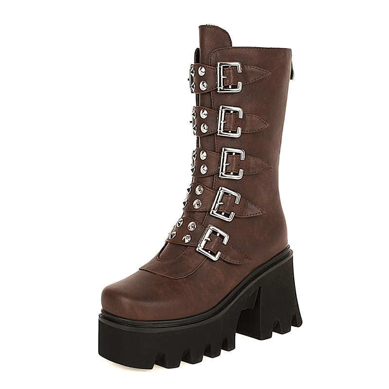 Gothic womens platform boots with buckle straps and studs, perfect for rock outfits and mid-calf military style.