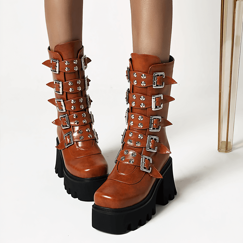 Gothic women's platform boots with buckle straps and studs, perfect for rock outfits and military style.