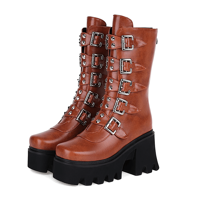 Gothic brown mid-calf platform boots with buckle straps and studs, ideal for rock-inspired outfits.