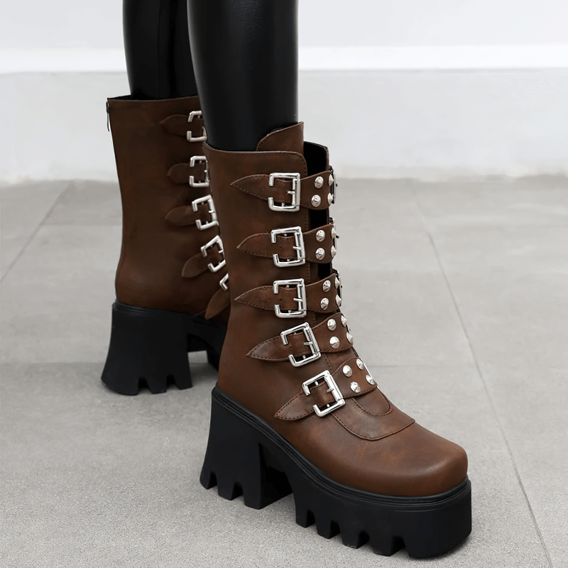 Gothic Womens Platform Boots with Buckle Strap and Zipper Creeper / Mid Calf Military Combat Boots - HARD'N'HEAVY
