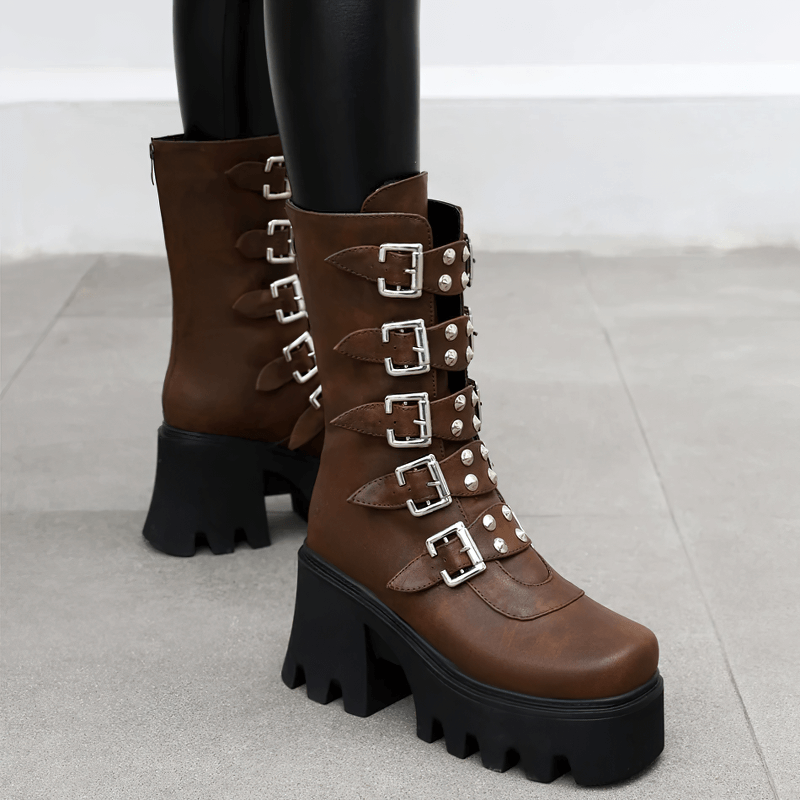 Gothic womens platform boots in brown with buckle straps, zippers, and a high sole perfect for rock outfits.