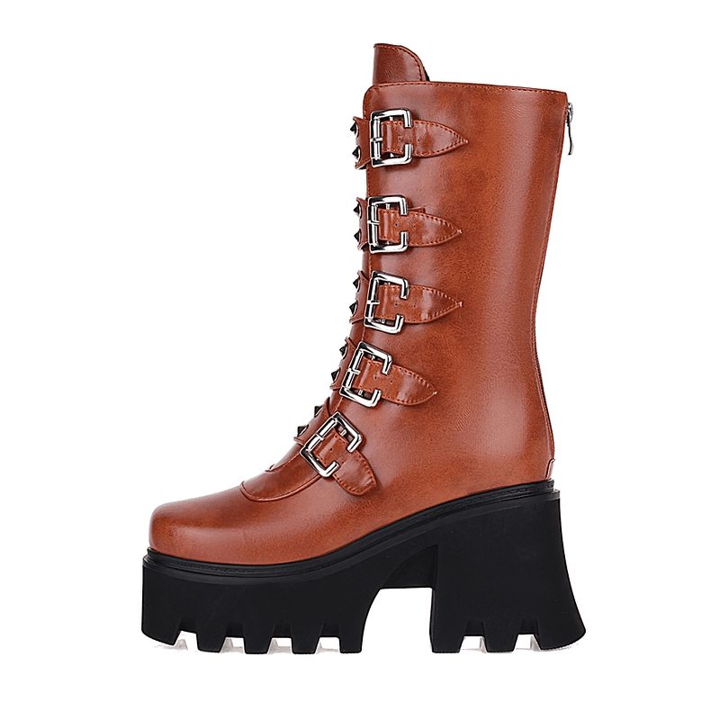 Gothic womens platform boots with buckle straps and zipper, mid-calf military combat style in brown imitation leather.