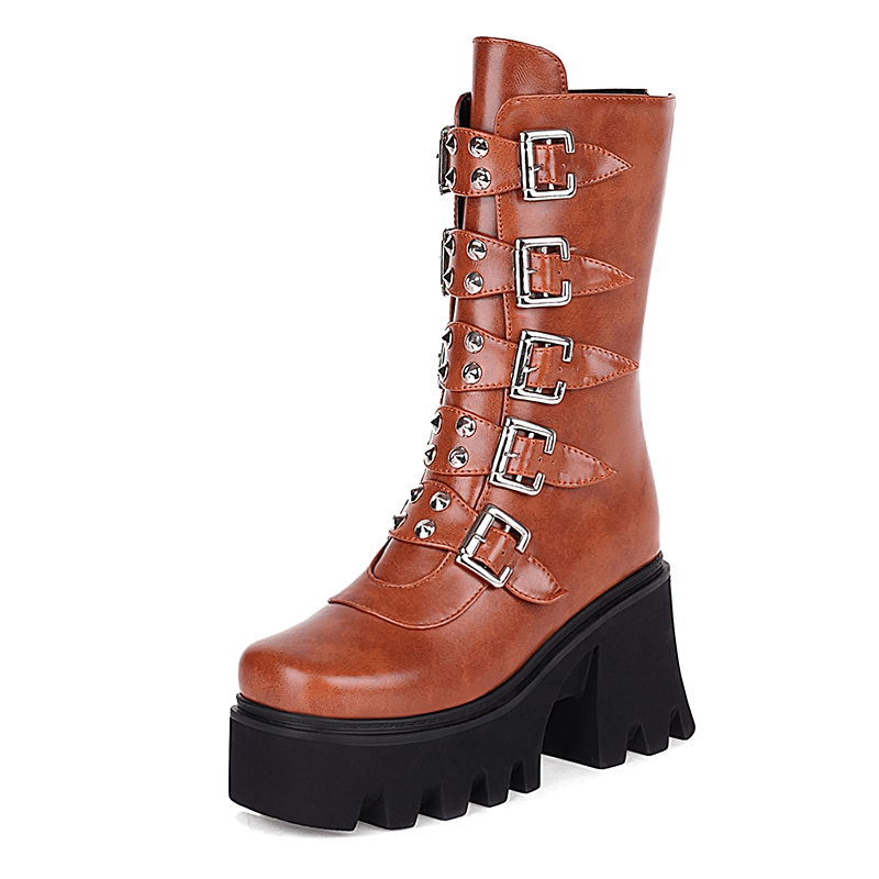 Gothic women's mid-calf platform boots with buckle straps and studded decor, ideal for a rock-inspired outfit.