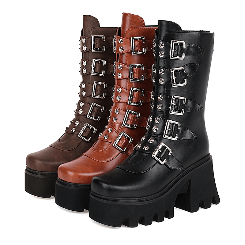 Gothic women's platform boots with buckle straps and studs in black, brown, and orange hues.
