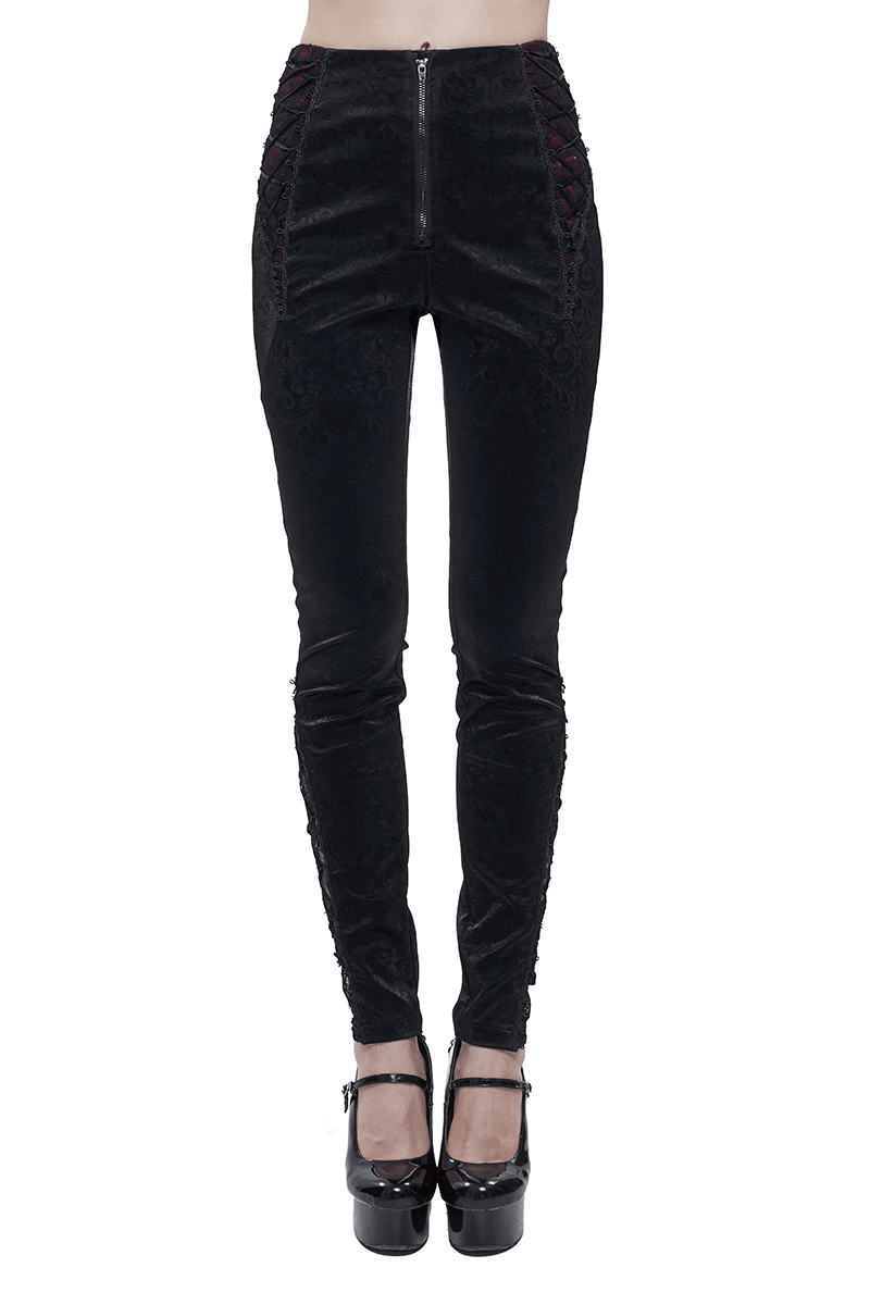 Gothic women's high waisted PU leather zipper pants with red lace detailing, perfect for a stylish edgy look.