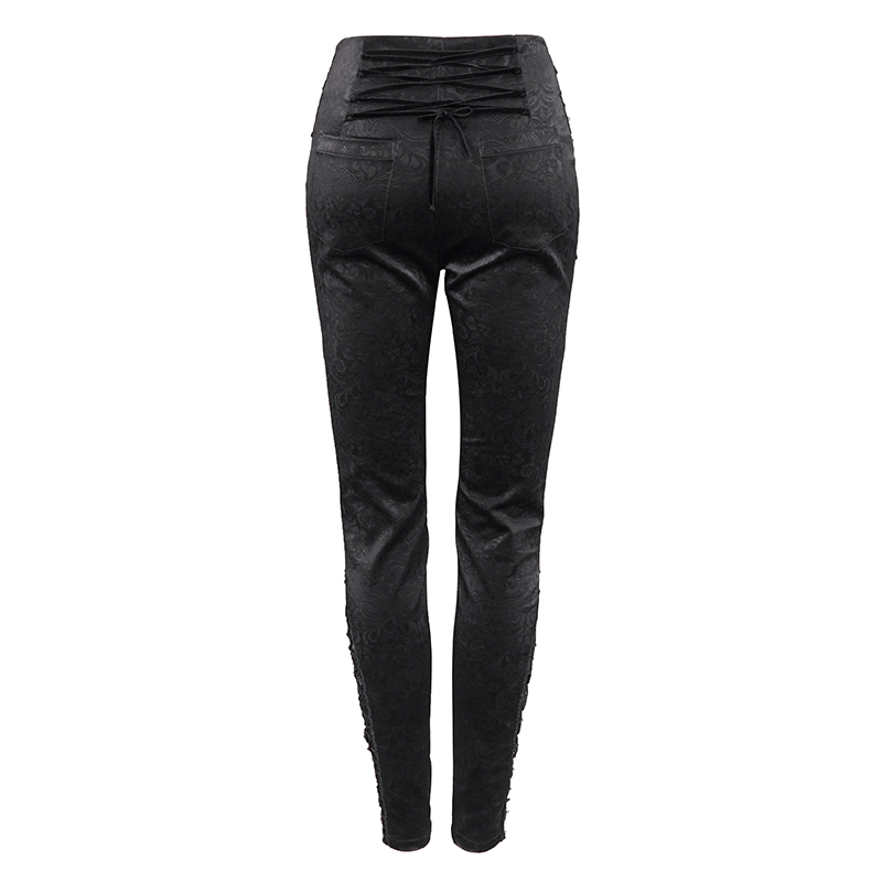 Gothic women's high-waisted PU leather pants featuring stylish lace-up detail and form-fitting design.