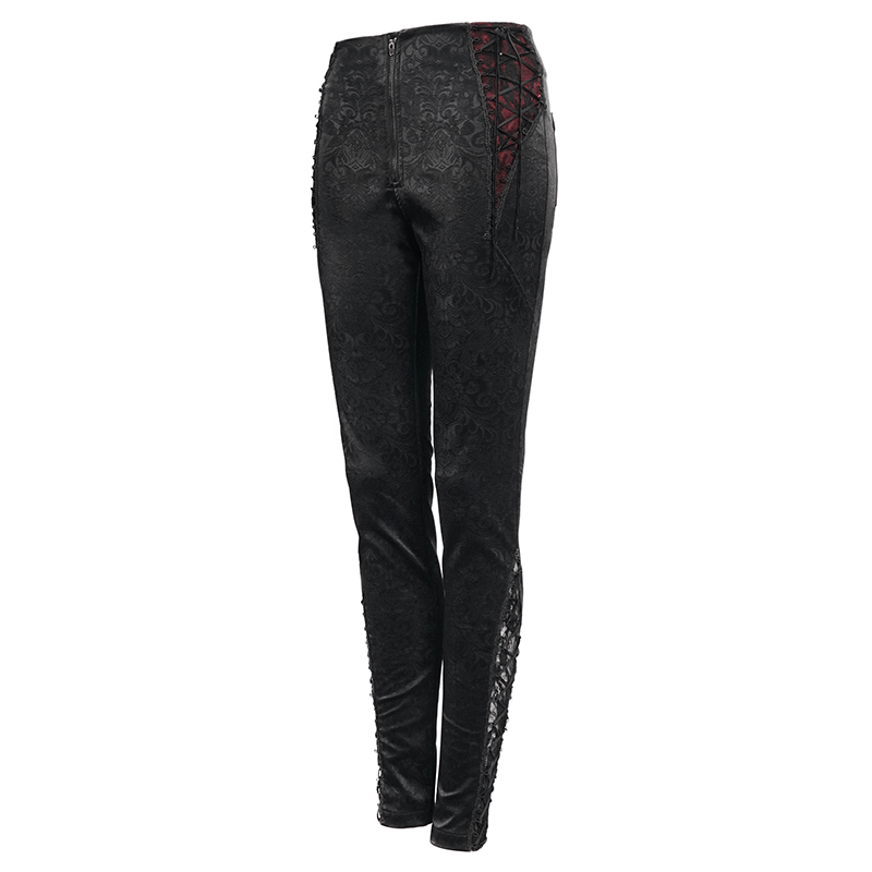 Gothic women's PU leather zipper pants with intricate lace and red accents, stylish high-waisted trousers.