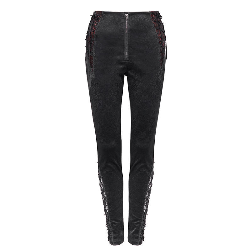 Gothic women's high-waisted PU leather pants with red lace and metal zipper for a stylish look.