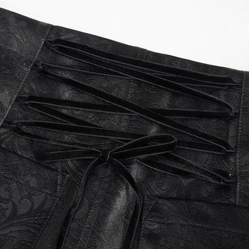 Close-up of black lace-up detail on Gothic women's trousers, showcasing elegant PU leather and stylish design.