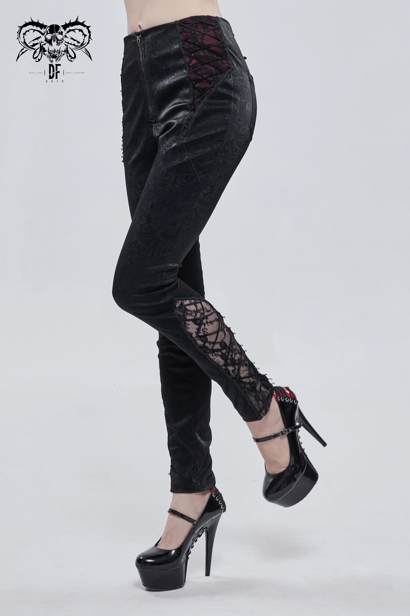 Gothic Women's PU Leather Metal Zipper Pants / High Waisted Trousers With Red Lace & String - HARD'N'HEAVY