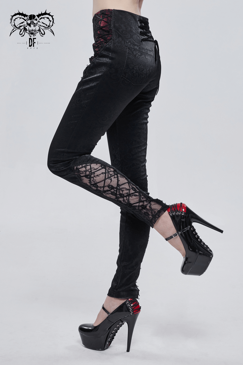 Gothic women's high-waisted PU leather pants with red lace and stylish metal zipper detailing.