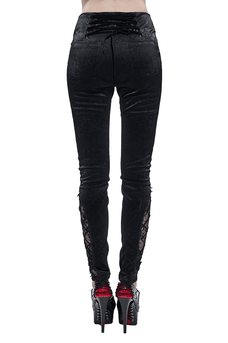 Gothic Women's PU Leather Metal Zipper Pants / High Waisted Trousers With Red Lace & String - HARD'N'HEAVY